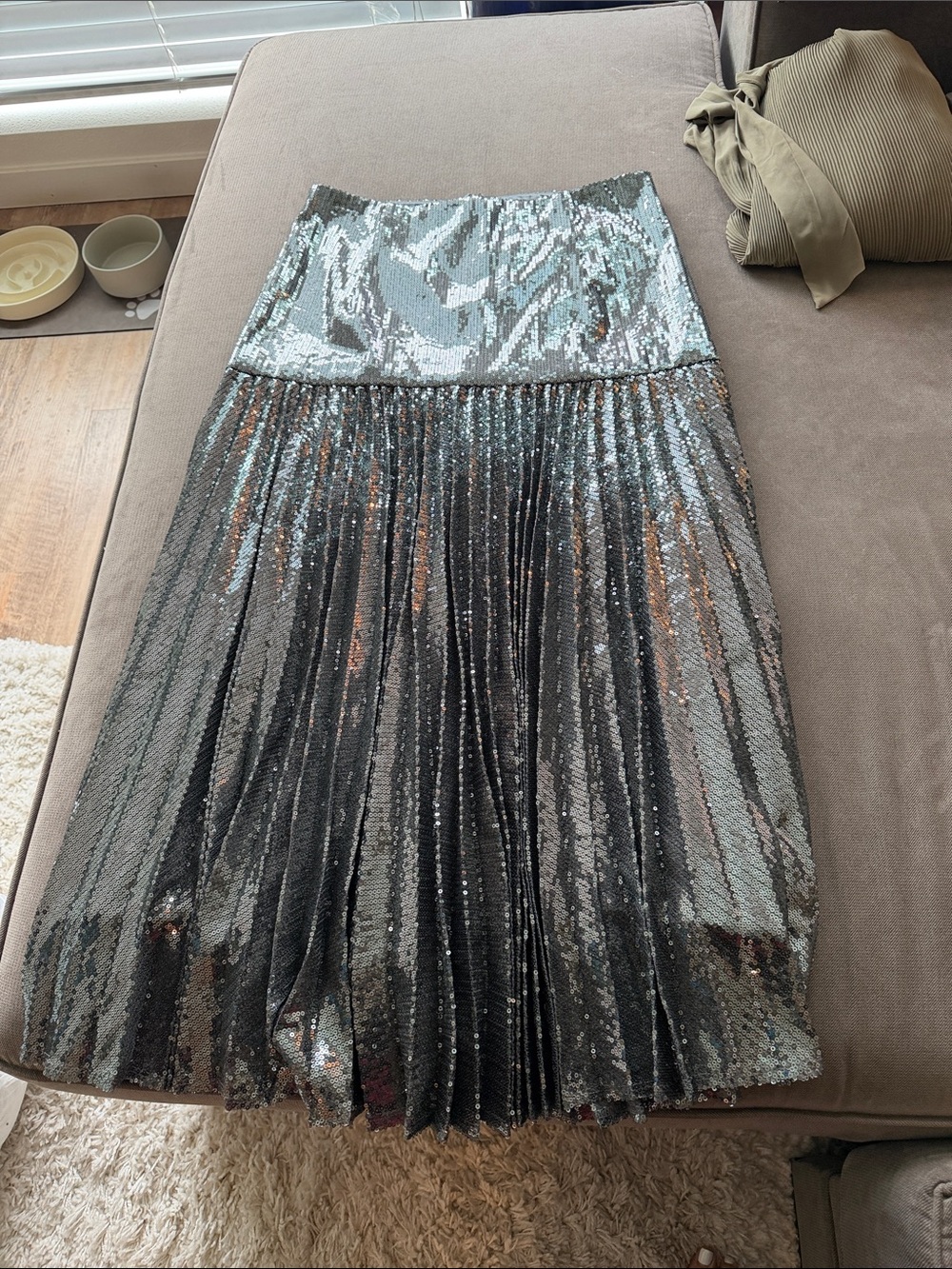 Bardot Green - Silver Sequin Pleated Midi Skirt